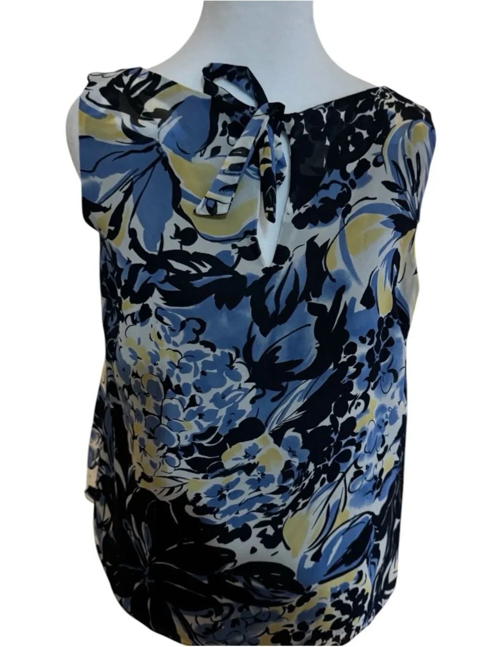 Kasper Navy, Blue & Yellow Floral Tie-Neck Shell Top - Picture 3 of 5